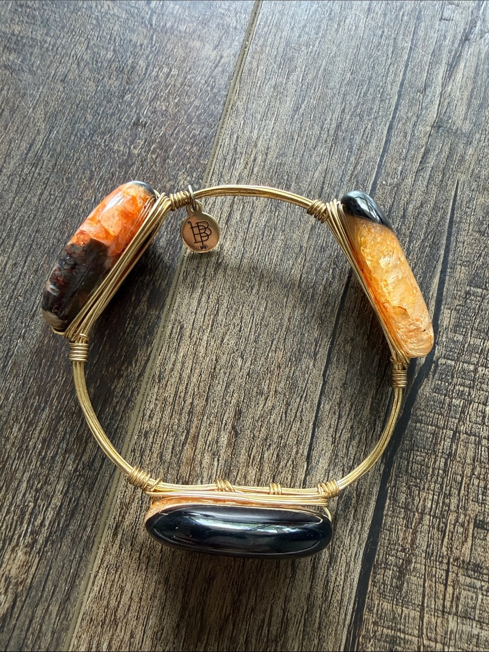 Bourbon & Bowties Gold Wire Bracelet with Orange and Black Natural Stone Accents